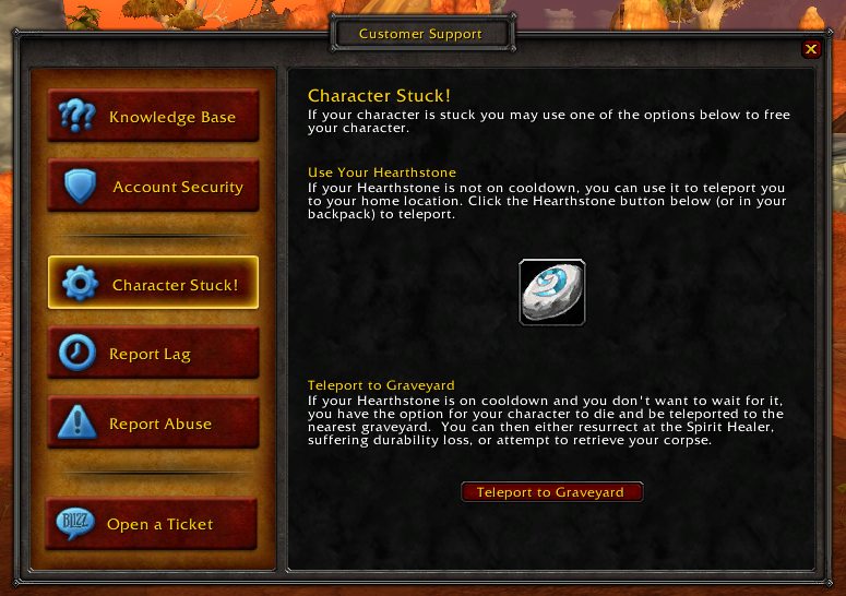 Unstuck option in World of Warcraft